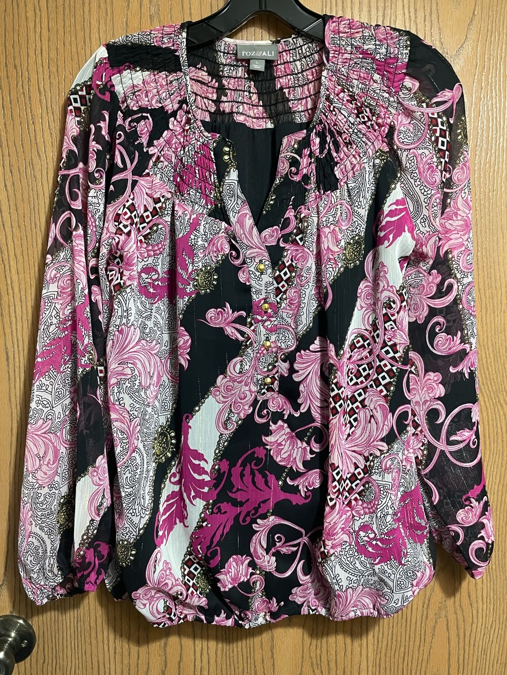 Floral Peasant Blouse in Pink, Black and White